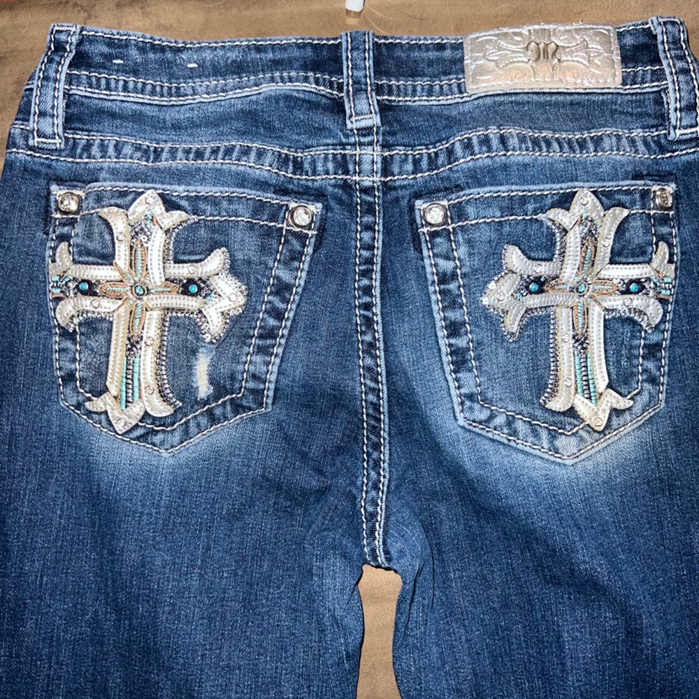 Miss Me Blue Straight Leg Jeans with Embellished Pockets